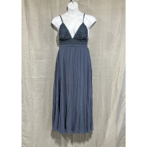 Boho Babydoll‎ Maxi Dress Medium Blue Y2K Tie Back Crochet Lace Coquette Flowy